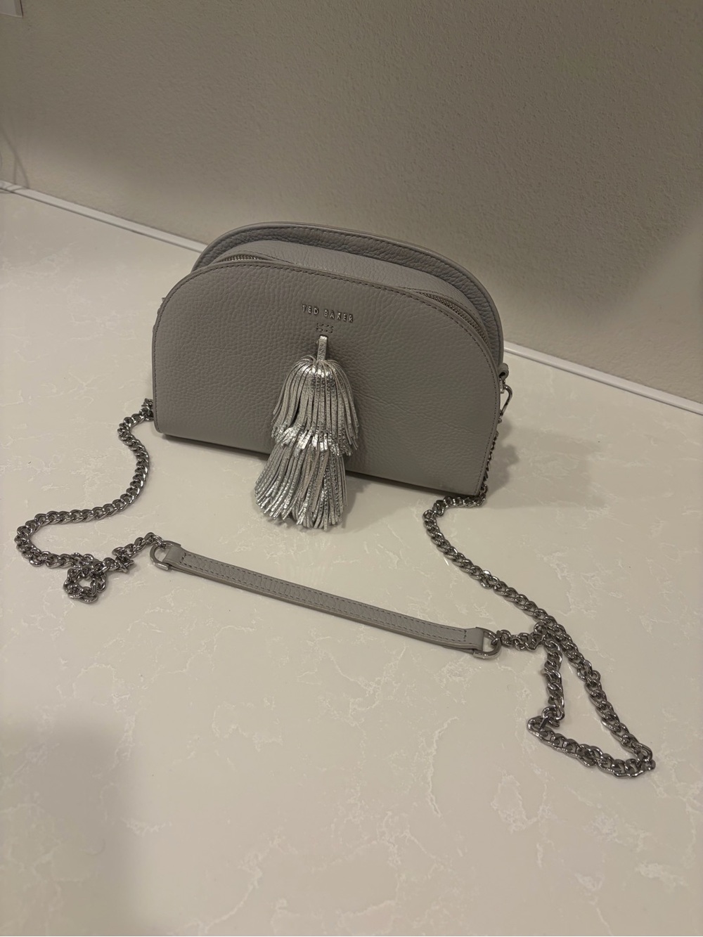 Ted Baker Light Gray Tassel Crossbody Bag with Silver Chain